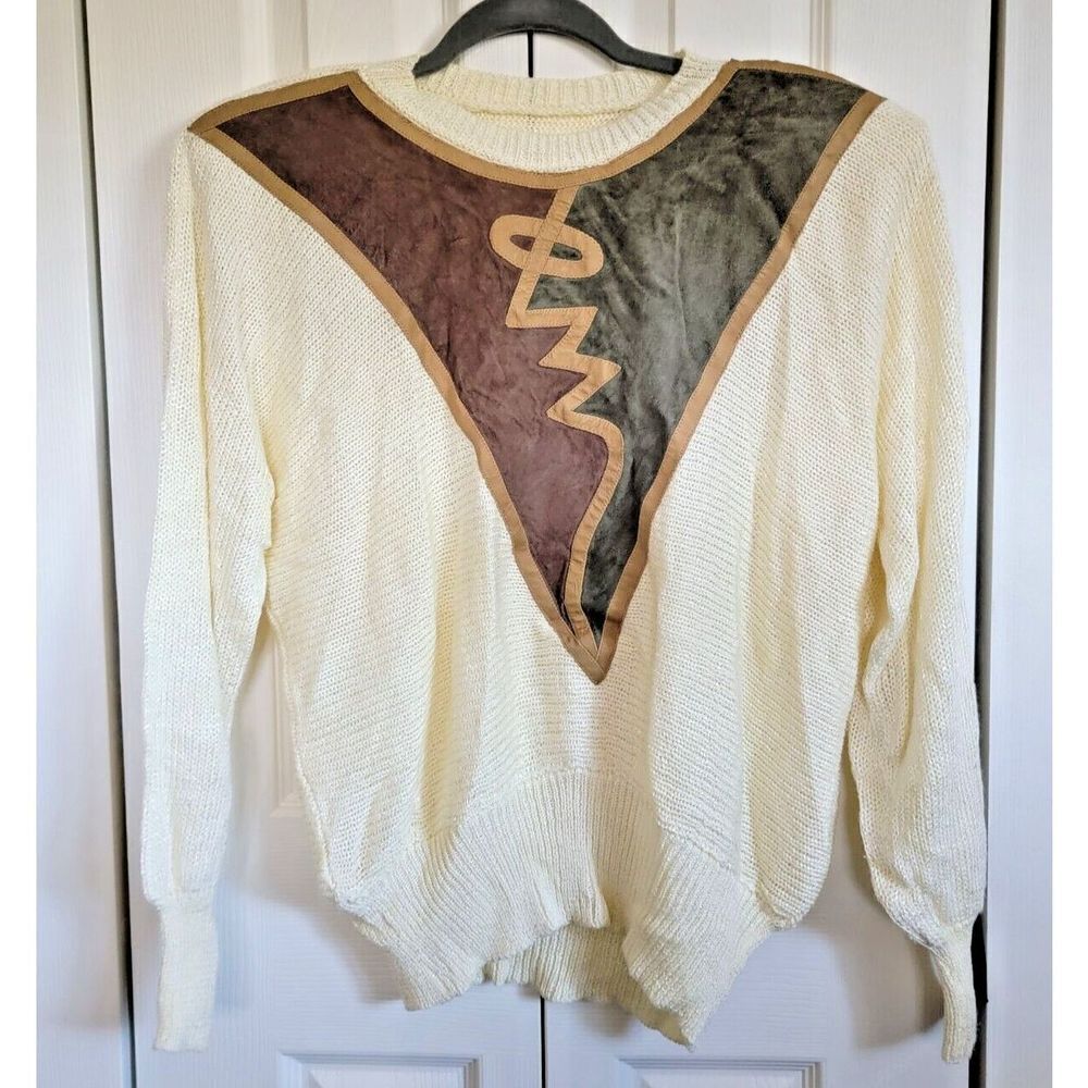 Vintage Women's L/XL Cream High Neck Sweater Fitted‎ Slvs Suede Accents No Tags
